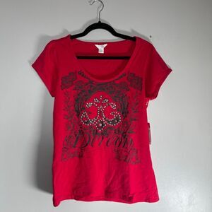 NWT Y2K Dereon Red Rhinestone Logo Tee McBling Gothic Mall Girl Top Shirt